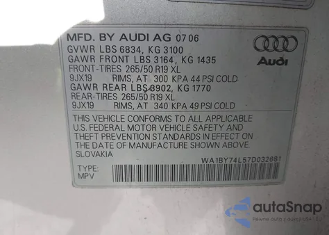 2007 Audi Q7 3.6 Premium from USA, damaged, VIN WA1BY74L57D032681